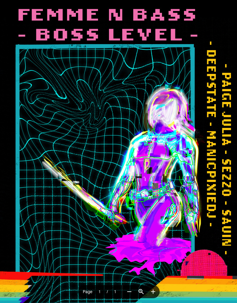 A poster featuring a pink, blue and white neon figure striding across a warped black grid, light sword in hand. Broken rainbow lines/stripes across the bottom add to the retro feel.
